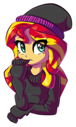 Size: 404x678 | Tagged: safe, artist:tami-kitten, sunset shimmer, equestria girls, g4, beanie, biting, bust, clothes, cute, eye clipping through hair, female, hat, heart eyes, looking at you, nervous, shimmerbetes, simple background, solo, sweater, transparent background, wingding eyes