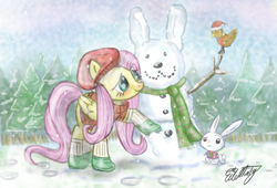Size: 1439x977 | Tagged: safe, artist:eilemonty, angel bunny, fluttershy, pegasus, pony, g4, female, mare, snow, snowfall, snowman, winter