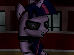 Size: 1024x768 | Tagged: safe, artist:birdivizer, twilight sparkle, alicorn, gynoid, pony, robot, robot pony, five nights at aj's, g4, animatronic, creepy, female, five nights at freddy's, mare, security officer, solo, twibot, twilight sparkle (alicorn), watching