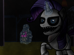 Size: 1024x768 | Tagged: safe, artist:birdivizer, rarity, pony, robot, robot pony, five nights at aj's, g4, animatronic, creepy, cupcake, female, five nights at freddy's, magic, raribot, security officer, solo, watching