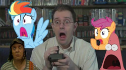 Size: 799x449 | Tagged: safe, edit, rainbow dash, scootaloo, g4, 1000 years in photoshop, angry video game nerd, crossover, el chavo del 8, irl, male, mexico, patrick star, photo, ponies in real life, reaction image, spongebob squarepants, surprised patrick, the spongebob squarepants movie