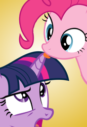 Size: 394x574 | Tagged: safe, pinkie pie, twilight sparkle, pony, g4, :p, bust, cute, fanfic, fanfic art, female, frown, horn, horn licking, licking, looking up, open mouth, tongue out, wide eyes