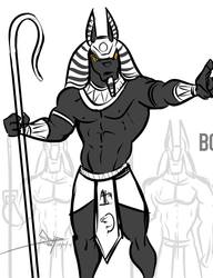 Size: 511x665 | Tagged: safe, artist:bgn, idw, king anubis, jackal, anthro, g4, spoiler:comic, spoiler:comic24, anubis, loincloth, male, male nipples, muscles, nipples, solo, staff