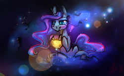 Size: 3236x2000 | Tagged: safe, artist:alumx, princess luna, alicorn, pony, lunadoodle, g4, blushing, cheese, eating, edible heavenly object, female, high res, hoof hold, lens flare, moon, sitting, solo, space, tangible heavenly object