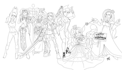 Size: 3000x1711 | Tagged: safe, artist:mono-phos, applejack, fluttershy, pinkie pie, rainbow dash, rarity, spike, sunset shimmer, twilight sparkle, human, g4, belly button, clothes, cosplay, costume, crossover, crown, ear piercing, earring, fire emblem, fire emblem awakening, halloween, halloween costume, happy halloween, holiday, humane six, humanized, jewelry, kid icarus, kid icarus: uprising, lucina, mane seven, mane six, metroid, midriff, monochrome, palutena, piercing, princess peach, princess rosalina, regalia, rosalina, samus aran, simple background, super mario bros., super mario galaxy, super smash bros., super smash bros. 4, the legend of zelda, toad (mario bros), white background, wii fit, wii fit trainer