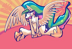 Size: 1280x868 | Tagged: safe, artist:alumx, princess celestia, g4, bedroom eyes, chest fluff, covering, female, grin, sitting, solo, sunburst background