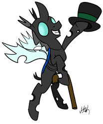 Size: 814x985 | Tagged: safe, artist:heretichesh, doomie, changeling, g4, cane, dancing, hat, michigan j. frog, simple background, smiling, solo, top hat, white background