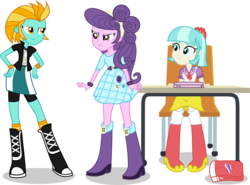 Size: 1276x943 | Tagged: safe, artist:punzil504, coco pommel, lightning dust, suri polomare, equestria girls, g4, angry, boots, chair, clothes, clothes swap, equestria girls-ified, female, high heel boots, hilarious in hindsight, legs, looking at each other, palette swap, rain boots, rainbow dash's boots, rainbow dash's clothes, rainbow dash's socks, rarity's clothes, rarity's purple boots, recolor, shoes, simple background, sitting, smiling, smirk, standing, transparent background, twilight sparkle's boots, twilight sparkle's clothes, vector