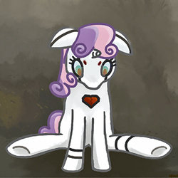 Size: 776x777 | Tagged: safe, artist:ionipony, sweetie belle, pony, robot, unicorn, g4, female, filly, floppy ears, foal, hooves, horn, porter robinson, sad machine, sitting, solo, sweetie bot