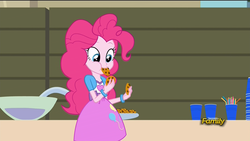 Size: 1920x1080 | Tagged: safe, screencap, pinkie pie, equestria girls, g4, my little pony equestria girls: rainbow rocks, balloon, bracelet, clothes, cookie, cup, cute, cutie mark on clothes, diapinkes, jewelry, pink skirt, plate, punch (drink), punch bowl, skirt, straw, table