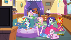 Size: 1920x1080 | Tagged: safe, screencap, applejack, fluttershy, pinkie pie, rainbow dash, rarity, spike, sunset shimmer, twilight sparkle, dog, equestria girls, g4, my little pony equestria girls: rainbow rocks, bed, bedroom, clothes, computer, controller, discovery family logo, footed sleeper, humane five, humane six, laptop computer, lidded eyes, mane seven, mane six, pajamas, phone, pinkie's room, plushie, slippers, slumber party, smartphone, spike the dog, television, twilight sparkle (alicorn)
