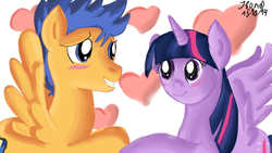 Size: 1280x720 | Tagged: safe, artist:jbond, flash sentry, twilight sparkle, alicorn, pegasus, pony, g4, duo, female, heart, male, mare, ship:flashlight, shipping, signature, smiling, stallion, straight, twilight sparkle (alicorn)