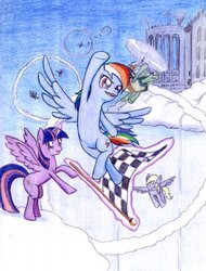 Size: 455x600 | Tagged: safe, artist:j-tib, derpy hooves, rainbow dash, tank, twilight sparkle, alicorn, pony, g4, cloudsdale, female, flag, flying, mare, race, traditional art, twilight sparkle (alicorn)