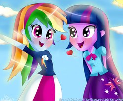 Size: 986x811 | Tagged: dead source, safe, artist:vixelzf, rainbow dash, twilight sparkle, equestria girls, g4, female, lesbian, open mouth, open smile, selfie, ship:twidash, shipping, smiling