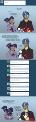 Size: 900x2997 | Tagged: safe, artist:egophiliac, shining armor, twilight sparkle, human, steamquestria, g4, ask, blue background, breaking the fourth wall, brother and sister, comic, dark skin, female, fourth wall, humanized, male, prosthetic limb, simple background, steampunk, tumblr