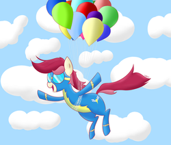 Size: 1280x1085 | Tagged: dead source, safe, artist:cylosis, roseluck, earth pony, pony, g4, balloon, clothes, costume, female, mare, solo, wonderbolts uniform