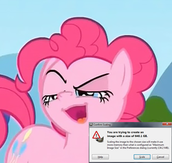 Size: 700x665 | Tagged: safe, screencap, pinkie pie, earth pony, pony, g4, faic, female, gimp, great moments in animation, meme, microsoft windows, ponk, ponyface, reaction image, scaling warning message, solo, too big, wilber