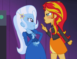 Size: 384x293 | Tagged: safe, screencap, sunset shimmer, trixie, equestria girls, g4, my little pony equestria girls: rainbow rocks, animated, blushing, female, loop, yelling