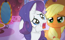 Size: 1440x900 | Tagged: safe, artist:momo, applejack, rarity, g4, crying, marshmelodrama, pixiv, running makeup