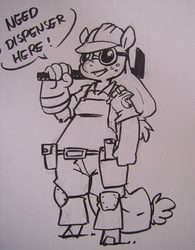 Size: 1280x1643 | Tagged: safe, artist:atryl, applejack, earth pony, anthro, unguligrade anthro, g4, engiejack, engineer, engineer (tf2), female, goggles, hammer, monochrome, solo, team fortress 2