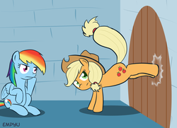 Size: 1000x722 | Tagged: safe, artist:empyu, applejack, rainbow dash, pony, g4, duo