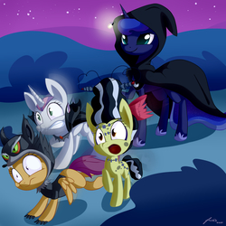 Size: 5000x5000 | Tagged: safe, artist:artoftheghostie, apple bloom, princess luna, scootaloo, sweetie belle, alicorn, earth pony, firefly (insect), insect, pegasus, pony, unicorn, g4, absurd resolution, animal costume, bride of frankenstein, cape, cloak, clothes, costume, cutie mark crusaders, dracula, frankenstein's bride, frankenstein's monster, nightmare night, nightmare night costume, scootawolf, vampire costume, wolf costume