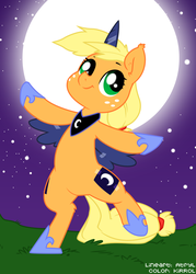 Size: 900x1257 | Tagged: safe, artist:atryl, artist:kirrol, applejack, earth pony, pony, g4, accessory swap, bipedal, cardboard wings, colored, female, moon, night, silly, silly pony, smiling, solo, stars