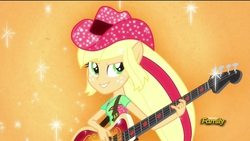 Size: 1920x1080 | Tagged: safe, screencap, applejack, human, equestria girls, g4, my little pony equestria girls: rainbow rocks, bass guitar, female, grin, hat, magic, musical instrument, ponied up, rainbow power, rock (music), smiling, smirk, solo