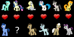 Size: 1024x512 | Tagged: safe, artist:greenwarf333, blues, bon bon, carrot top, derpy hooves, dj pon-3, doctor whooves, frederic horseshoepin, golden harvest, lyra heartstrings, neon lights, noteworthy, octavia melody, rising star, sweetie drops, time turner, vinyl scratch, written script, earth pony, pegasus, pony, unicorn, g4, bowtie, cutie mark, female, hooves, horn, male, mare, open mouth, question mark, ship:doctorderpy, ship:fredtavia, ship:goldenscript, ship:lyraworthy, ship:vinylights, shipping, shipping war in the comments, sitting, smiling, stallion, straight, sunglasses, vector