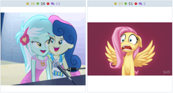 Size: 637x341 | Tagged: safe, bon bon, fluttershy, lyra heartstrings, sweetie drops, derpibooru, equestria girls, g4, my little pony equestria girls: rainbow rocks, exploitable meme, female, juxtaposition, juxtaposition win, lesbian, meme, meta, ship:lyrabon, shipping, sweet lyres