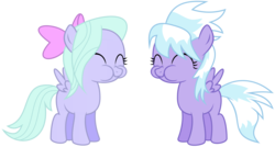 Size: 3718x2000 | Tagged: safe, artist:fuzzygauntlets, cloudchaser, flitter, pegasus, pony, g4, :t, cute, cutechaser, eating, eyes closed, female, filly, flitterbetes, foal, high res, nose wrinkle, puffy cheeks, simple background, smiling, transparent background, vector, younger