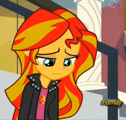 Size: 1103x1051 | Tagged: safe, screencap, sunset shimmer, human, equestria girls, g4, my little pony equestria girls: rainbow rocks, cropped, discovery family, discovery family logo, female, logo, sad, solo, sunsad shimmer