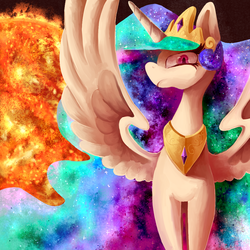 Size: 1000x1000 | Tagged: safe, artist:paintrolleire, princess celestia, g4, female, frown, solo, spread wings, sun