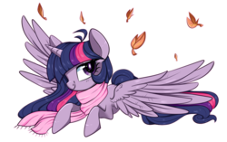 Size: 1000x629 | Tagged: dead source, safe, artist:suzuii, twilight sparkle, alicorn, pony, g4, clothes, female, leaves, mare, prone, scarf, simple background, smiling, solo, spread wings, transparent background, twilight sparkle (alicorn)