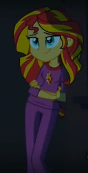 Size: 485x947 | Tagged: safe, screencap, sunset shimmer, equestria girls, g4, my little pony equestria girls: rainbow rocks, clothes, female, leaning, lidded eyes, lowres, pajamas, sleepy, smiling, solo