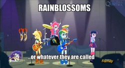 Size: 960x522 | Tagged: safe, screencap, applejack, pinkie pie, rainbow dash, rarity, twilight sparkle, equestria girls, g4, my little pony equestria girls: rainbow rocks, battle of the bands, disaster, female, image macro, lowres, meme, the rainbooms, twilight sparkle (alicorn)