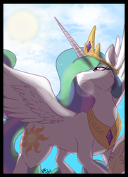 Size: 576x792 | Tagged: safe, artist:deathdragon13, princess celestia, alicorn, pony, g4, female, lens flare, looking back, mare, smiling, solo, spread wings, sun