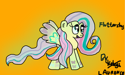 Size: 981x591 | Tagged: safe, artist:kebyi, fluttershy, pegasus, pony, g4, coat markings, female, mare, orange background, simple background, spread wings, tail, text, windswept tail, wings