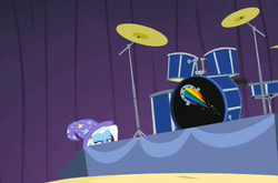 Size: 1475x975 | Tagged: safe, screencap, trixie, equestria girls, g4, my little pony equestria girls: rainbow rocks, drum kit, drums, female, hiding, lowres, musical instrument, nothing to see here, solo