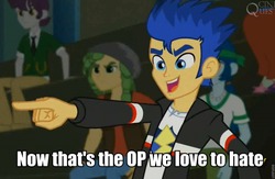 Size: 960x626 | Tagged: safe, screencap, captain planet, flash sentry, indigo wreath, sandalwood, starlight, equestria girls, g4, my little pony equestria girls: rainbow rocks, background human, hate, image macro, lowres, meme, op, op is a duck (reaction image), pointing, reaction image