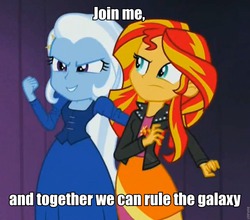 Size: 960x843 | Tagged: safe, edit, edited screencap, screencap, sunset shimmer, trixie, equestria girls, g4, my little pony equestria girls: rainbow rocks, dialogue, image macro, lowres, meme, quote, star wars