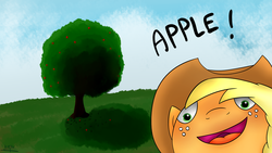 Size: 1920x1080 | Tagged: safe, artist:katsu, applejack, g4, apple, apple tree, appul, cloud, cloudy, female, hat, parody, solo, tree