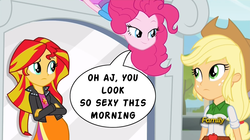 Size: 1278x714 | Tagged: safe, edit, edited screencap, screencap, applejack, pinkie pie, sunset shimmer, equestria girls, g4, my little pony equestria girls: rainbow rocks, bedroom eyes, discovery family logo, female, lesbian, out of context, ship:applepie, shipping, text
