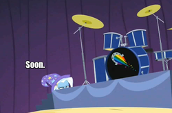 Size: 800x529 | Tagged: safe, screencap, trixie, equestria girls, g4, my little pony equestria girls: rainbow rocks, clothes, drums, female, hat, image macro, lurking, meme, musical instrument, scheming, solo, soon, stage, trixie's hat