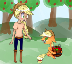 Size: 900x800 | Tagged: safe, artist:bambinen, applejack, human, g4, duo, human ponidox, humanized