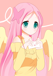 Size: 700x993 | Tagged: dead source, safe, artist:angelily-tan, fluttershy, human, g4, anime style, clothes, cute, female, humanized, love letter, moe, solo, sweater, sweatershy, winged humanization