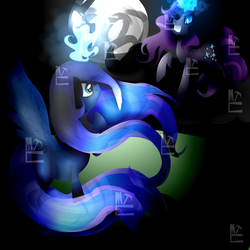 Size: 600x600 | Tagged: dead source, safe, artist:miningcazzy, nightmare rarity, princess luna, g4, moon, watermark