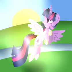 Size: 900x900 | Tagged: safe, artist:miningcazzy, twilight sparkle, alicorn, pony, g4, female, flying, mare, solo, sun, twilight sparkle (alicorn)