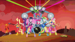 Size: 576x324 | Tagged: safe, screencap, applejack, dj pon-3, fluttershy, pinkie pie, rainbow dash, rarity, spike, twilight sparkle, vinyl scratch, dog, siren, equestria girls, g4, my little pony equestria girls: rainbow rocks, animated, car, clothes, discovery family, discovery family logo, mane seven, mane six, musical instrument, pantyhose, ponied up, spike the dog, the dazzlings, the rainbooms, twilight sparkle (alicorn)