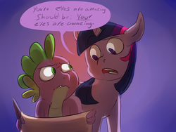 Size: 1280x960 | Tagged: safe, artist:imsokyo, spike, twilight sparkle, dragon, pony, unicorn, daily life of spike, g4, colored pupils, dialogue, female, grammar nazi, letter, mare, open mouth, scroll, tumblr, wavy mouth